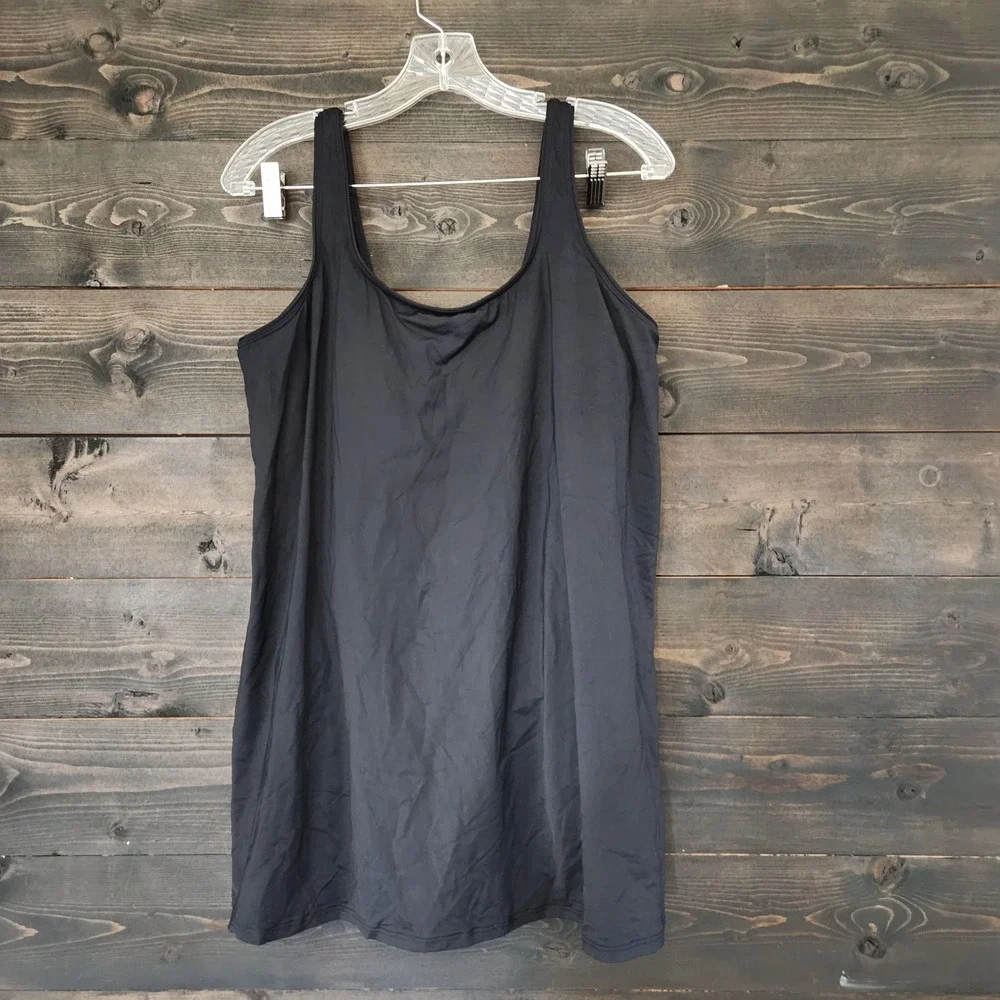 Lands' End Womens Black Swim Dress Sleeveless Scoop Neck Soft Cup Size L 14-16
